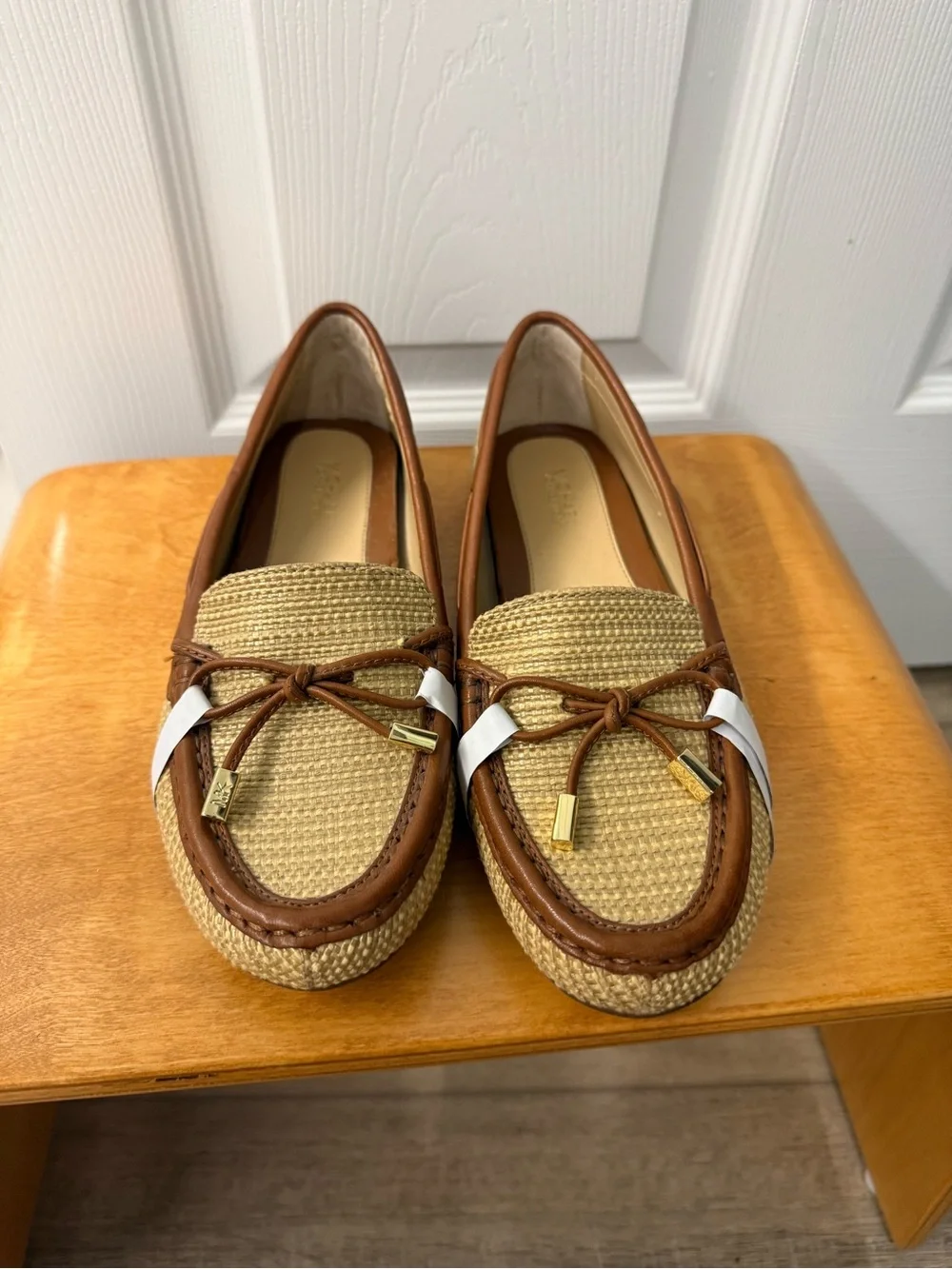 Michael Kors Tan Raffia and Brown Leather with Gold-Tip Bow